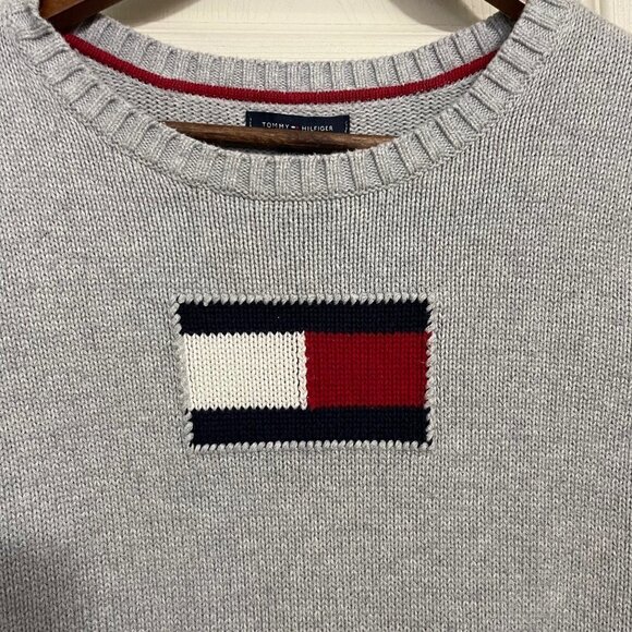 Tommy Hilfiger Women's Gray Chunky Y2K Embroidered Logo Ribbed Sweater Medium - Picture 3 of 6